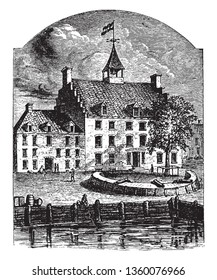 Stadt Huyshe is a historical structure situated in  New Amsterdam.,vintage line drawing or engraving illustration.