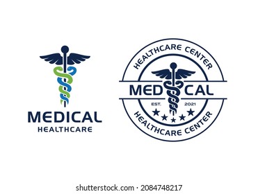 Staf hermes caduceus. Medical health care logo design, stamp emblem badge circular design template