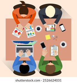 Staff around table report analytics working laptop. Brainstorm report planning. Office table top view. Teamwork creative office workspace. Vector flat design for business web infographic concept