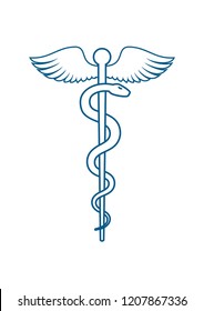 Staff of Asclepius or Caduceus with wings - Medical or Healthcare symbol line art icon isolated on white background. Vector illustration