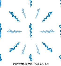 Staff of Asclepius medical blue symbol icon seamless pattern. White background. Medical emblem. Caduceus with staff and snake. Rod of Aesculapius. Vector illustration