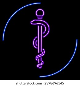 staff of asclepius neon sign, modern glowing banner design, colorful modern design trends on black background. Vector illustration.