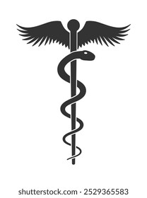 Staff of asclepius symbol. Caduceus sign. Snake around pole medical logo. Vector illustration image.
