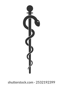 Staff of asclepius symbol. Caduceus sign. Snake around pole medical logo. Vector illustration image.