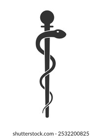 Staff of asclepius symbol. Caduceus sign. Snake around pole medical logo. Vector illustration image.