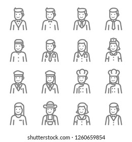 Staff Avatar Vector Line Icon Set. Contains such Icons as Chef, Doctor, Nurse, Business man, Guard and more. Expanded Stroke