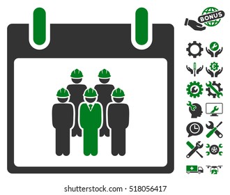 Staff Calendar Day icon with bonus setup tools icon set. Vector illustration style is flat iconic symbols, green and gray, white background.