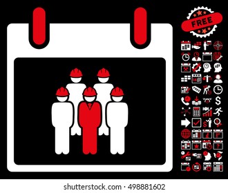 Staff Calendar Day pictograph with bonus calendar and time management design elements. Vector illustration style is flat iconic symbols, red and white, black background.