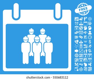 Staff Calendar Day pictograph with bonus calendar and time management symbols. Vector illustration style is flat iconic symbols, white, blue background.