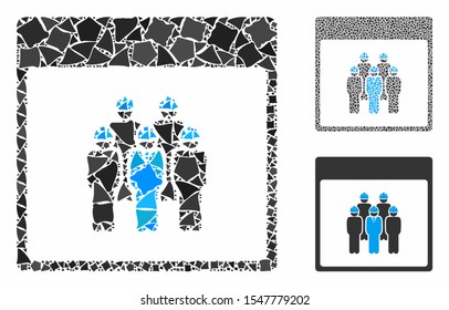 Staff calendar page composition of raggy pieces in variable sizes and color tinges, based on staff calendar page icon. Vector bumpy parts are grouped into composition.