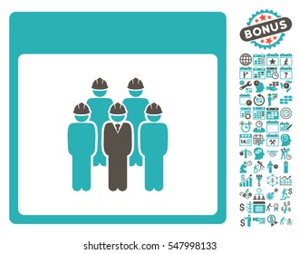 Staff Calendar Page pictograph with bonus calendar and time management icon set. Vector illustration style is flat iconic symbols, grey and cyan, white background.