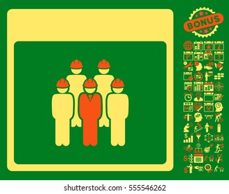 Staff Calendar Page pictograph with bonus calendar and time management clip art. Vector illustration style is flat iconic symbols, orange and yellow, green background.