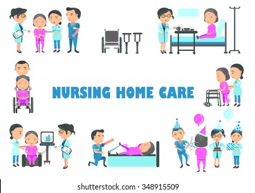 Staff are caring for an elderly woman in a nursing home vector illustration.