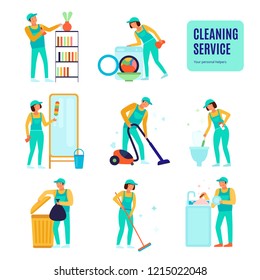 Staff of cleaning service during various domestic work set of flat icons isolated vector illustration