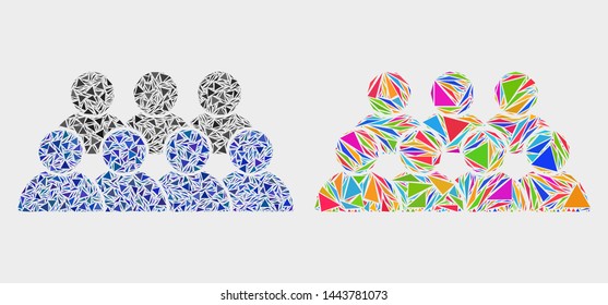 Staff collage icon of triangle items which have different sizes and shapes and colors. Geometric abstract vector illustration of staff.