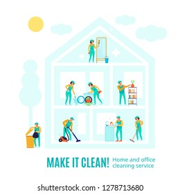 Staff of company in green uniform during professional cleaning in rooms of house advertising vector illustration