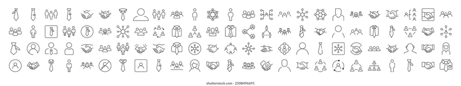 Staff and Company Line Icon Set. Modern Collection for Design, Web Sites, Apps, Cards. Contains Linear Images of Worker, Handshaking, Office Clothing