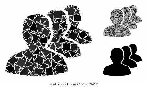 Staff composition of bumpy pieces in variable sizes and color hues, based on staff icon. Vector abrupt pieces are composed into composition. Staff icons collage with dotted pattern.
