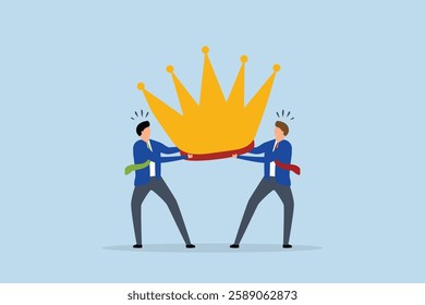 Staff conflict, angry colleague clashing over golden crown symbolizing job promotion status. 
