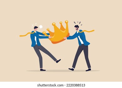 Staff conflict or employee argument, fighting for job promotion or jealousy colleague concept, angry coworker fighting by pulling golden crown metaphor of job promotion position.