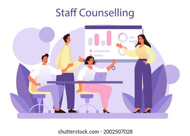 Staff counselling concept. Personnel manager providing employee with job instructions. Human resources training, business school. Isolated flat vector illustration