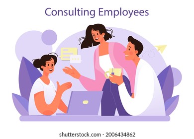 Staff counselling concept. Personnel manager providing employee with job instructions. Human resources training, business school. Isolated flat vector illustration