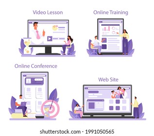 Staff Counselling Online Service Or Platform Set. Personnel Manager Providing Employee With Job Instructions. HR Training. Online Training, Conference, Video Lesson, Website. Flat Vector Illustration