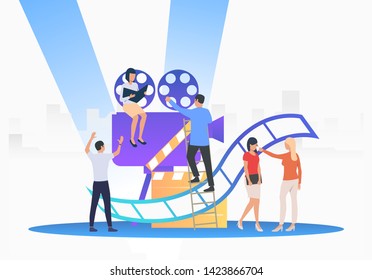 Staff creating film. Camera, scenario, actors. Filmmaking concept. Vector illustration for presentation slide, poster, new project