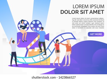 Staff creating film presentation slide template. Camera, scenario, actors, sample text. Filmmaking concept. Vector illustration for presentation slide, poster, new project