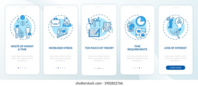 Staff development disadvantages onboarding mobile app page screen with concepts. Time wasting, overtraining walkthrough 5 steps graphic instructions. UI vector template with RGB color illustrations