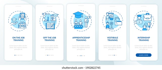 Staff development methods onboarding mobile app page screen with concepts. On-the-job training, apprenticeship walkthrough 5 steps graphic instructions. UI vector template with RGB color illustrations