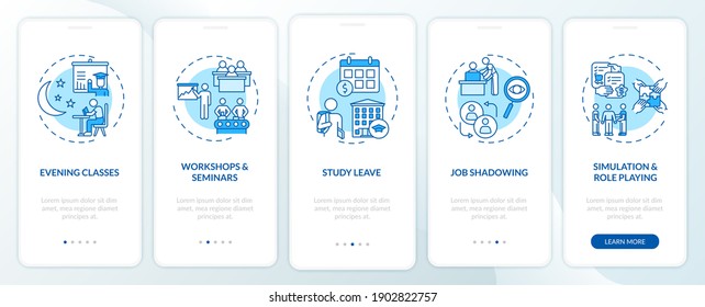 Staff development types onboarding mobile app page screen with concepts. Night school, simulation, seminars walkthrough 5 steps graphic instructions. UI vector template with RGB color illustrations