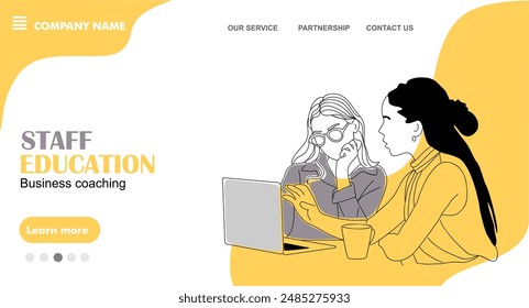 Staff education business coaching concept landing page. Website template with two business women working together. Flat graphic outline vector illustration in yellow and black colors.