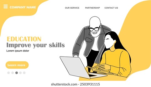 Staff education, business coaching, improving professional skills, mentorship concept landing page. Website template. Flat graphic outline vector illustration in yellow and black colors.