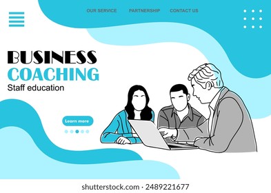 Staff education business coaching landing page. Website template with business man coach teaching new employees. Flat graphic outline vector illustration in black and blue colors.	