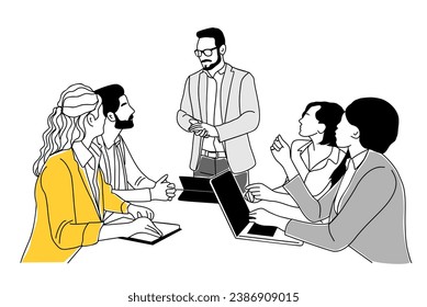 Staff education, learning, improving professional skill business concept illustration. Diverse Business team listens to the teacher, Coach, mentor making presentation in boarding room. Vector drawing.