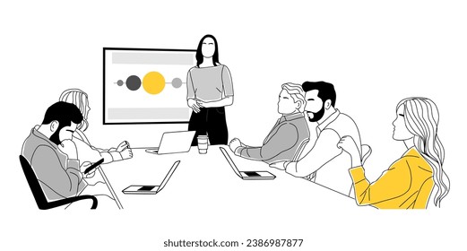 Staff education, learning, improving professional skill concept illustration. Diverse Business team listens to the teacher, Coach, business woman making presentation in boarding room. Vector drawing.