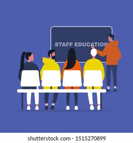 Staff education. Office workshops and seminars. Human resources. Career. Modern workers. Flat editable vector illustration, clip art