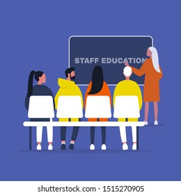 Staff education. Office workshops and seminars. Human resources. Career. Modern workers. Flat editable vector illustration, clip art