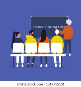Staff education. Office workshops and seminars. Human resources.  Flat editable vector illustration, clip art