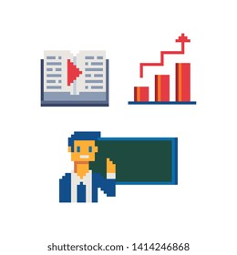 Staff education pixel art icons set. Isolated vector illustration. Design for logo, sticker and mobile app.