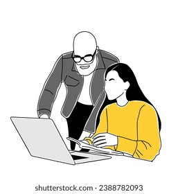 Staff education, presentation, learning, improving professional skill business concept illustration. Senior man teacher, Coach, mentor leader working on laptop with young colleague.