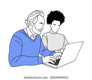 Staff education, presentation, learning, improving professional skill business concept illustration. Senior man teacher, Coach, mentor leader working on laptop with young colleague.