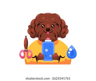 staff groomer concept. caring and beautifying pets. illustration of poodle dog holding shampoo bottle with scissors and water symbol. cute and adorable animal facial expression. flat style character