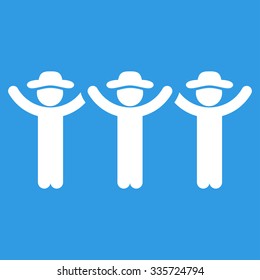 Staff Hands Up Roundelay vector icon. Style is flat symbol, white color, rounded angles, blue background.
