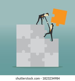 The staff helped complete the puzzle, Vector illustration in flat style