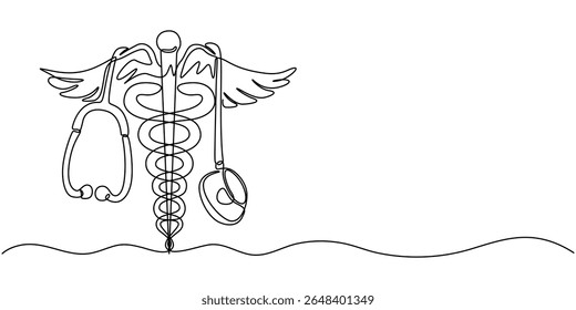 Staff Of Hermes Caduceus Stethoscope continuous one line drawing, Medical symbol caduceus. Continuous One line drawing, Continuous single line art drawing of caduceus as a symbol of medicine outline