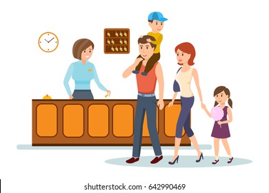 Staff of hotels. The receptionist serves a young family, advises them and gives them the keys to the hotel room. Modern vector illustration isolated on white background.