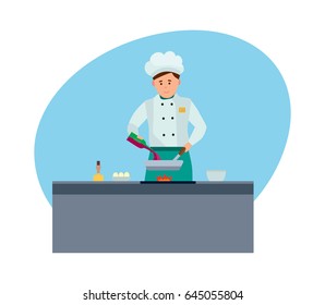 Staff of hotels. A young chef in branded clothes, in a modern hotel, prepares delicious meals on fire in kitchen. Modern vector illustration isolated on white background.