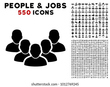 Staff icon with 550 bonus pity and glad men pictures. Vector illustration style is flat black iconic symbols.